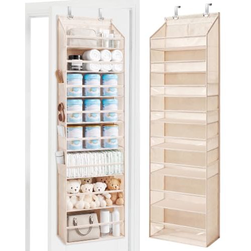STORAGE MANIAC Over Door Organizer Hanging Shelves Large Clear Deep Pockets | 8-Shelf & 10 Mesh Pockets 88lbs Capacity Behind Door Closet Storage Nursery Bathroom Pantry 1 Pack Oat Beige 71.3"H