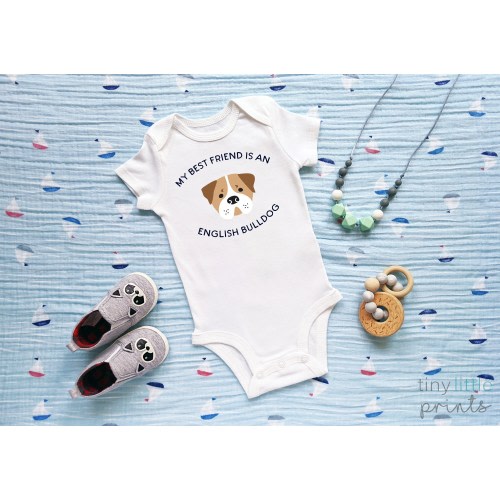 My Best Friend Is An English Bulldog Onesie - personalized baby clothing, dog lover, baby shower gift, newborn onesie bodysuit