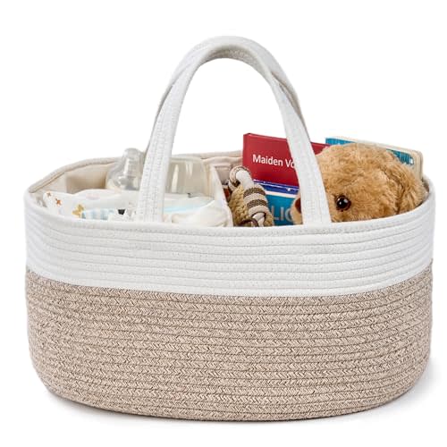 Diaper Caddy Organizer, Gift Basket for Baby Shower, Newborn Essentials | White/Beige Brown | Extra Large, 18 x 13 x 9 in | Removable Dividers | Sturdy Handles | Portable Baby Boy Girl Woven Basket