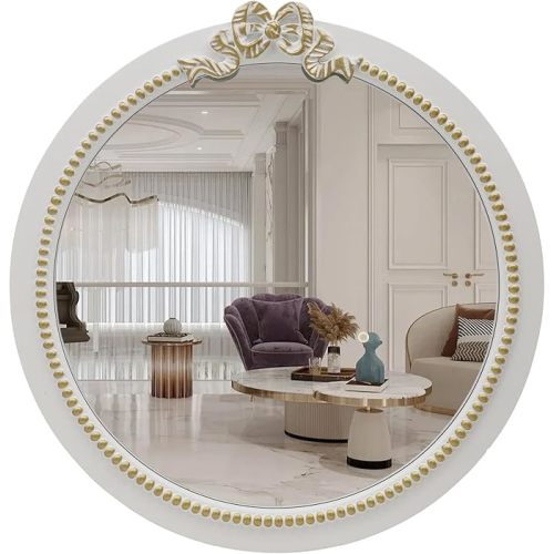 Vintage Round Wall Mirror 28inch Farmhouse Wooden Vanity Mirror for Wall Decor, Decorative Antique White Bathroom Mirrors, Traditional Art Home Decor for Dressing Table, Living Room or Bedroom