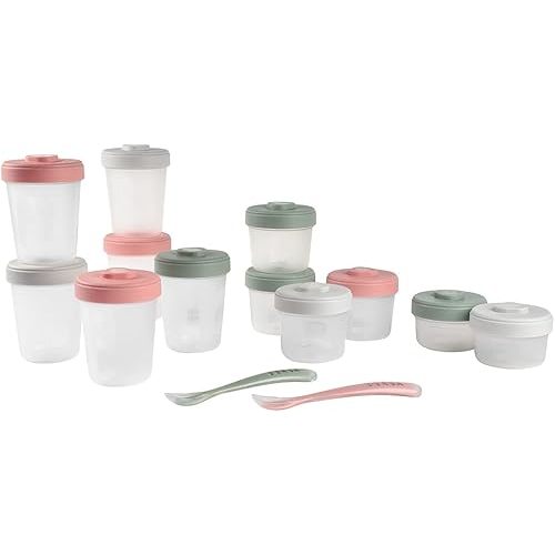 Beaba Clip Containers Set of 12 + 2 Spoons, Baby Food Storage Containers, Food Storage Containers with Lid, Baby Food + Toddler Snack Containers (Eucalyptus)