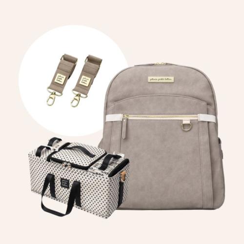 2-in-1 Provisions Backpack in Grey Matte Leatherette, Deluxe Kit & Stroller Clips Bundle
