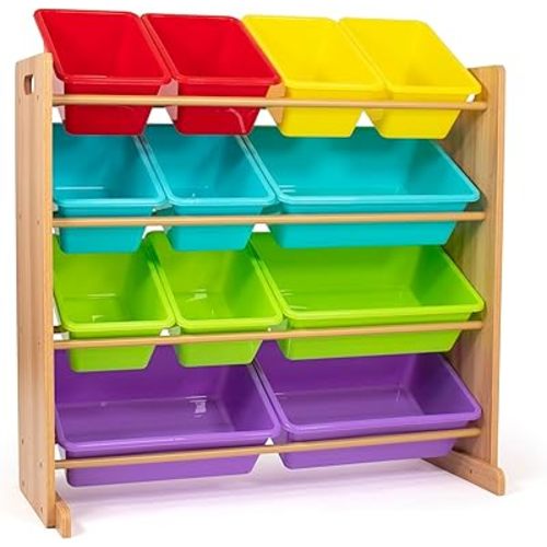 Humble Crew Kids Toy Storage Organizer with 12 Storage Bins, Rainbow/Natural Wood