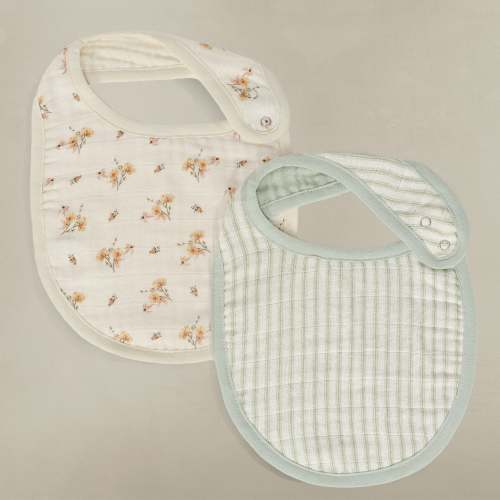 'Dainty Floral' & 'Sea Moss' Sage Green Stripe - Muslin Bib 2-Pack