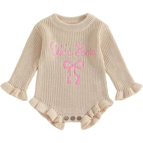 Baby Girls Knitted Romper Embroidery Bow Letters SHE is HERE Ruffled Sweater Winter Newborn Infant Clothes