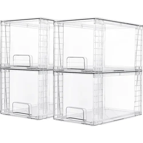 Vtopmart 4 Pack Large Stackable Storage Drawers,Clear Acrylic Drawer Organizers with Handles, Easily Assemble for Bathroom,Kitchen Undersink,Cabinet,Closet,Makeup,Pantry organization and Storage