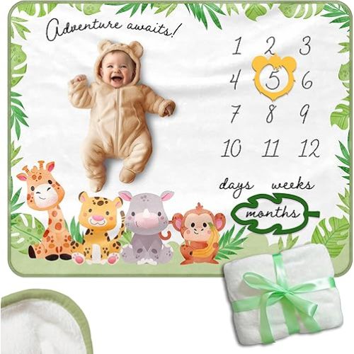 Monthly Baby Milestone Safari – 50"x40" Soft Flannel with Green Border – Baby Monthly Milestone for Newborn Photos – Includes 2 Frames (Lion & Leaf) – Unisex Baby Monthly Milestone Blanket