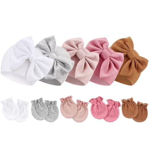 BQUBO Newborn Baby Girls Hats Mittens Set Hospital Hat Beanie Infant Bow Hats Baby Cotton Gloves for 0-6 Months