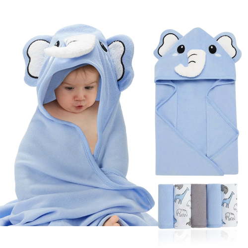 Bullpiano Baby Hooded Towels Toddler Towels with Washcloths Set Baby Stuff,Blue elephant
