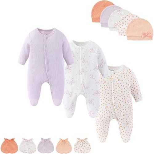 Baby Boy Girls Clothes 2-Way Zip Footed Long Sleeve 100% Cotton,Newborn Caps and Scratch Mittens Set 0-6 Months
