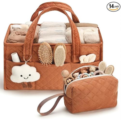 PeraBella Baby Diaper Caddy Organizer, Baby Basket Shower Gift, Portable Changing Table Basket, Postpartum Caddy & Tote Bag Pouch, Newborn Boy & Girl Nursery Essentials Registry, Car Diaper Organizer
