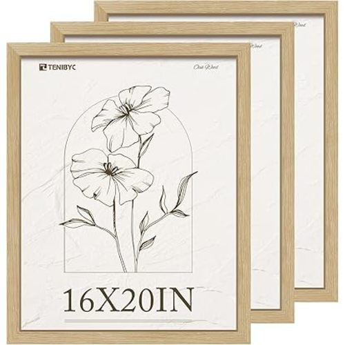 16x20 Frame 3 Pack, Natural Oak Wood Picture Frame with HD Tempered Glass, Display 16x20 or 20x16 photos, posters and Art Prints, Wall Hanging