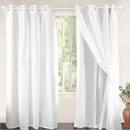 DriftAway White Pinch Pleated Voile Sheer Blackout Thermal Curtain Liner Embroidered with Pom Pom Lined Grommet Curtain for Kids Girls Bedroom Nursery Room 84 Inch Single Panel