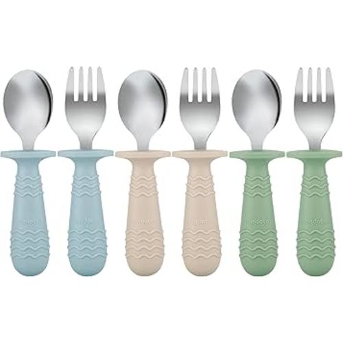 PandaEar 6 Pieces Baby Toddler Silicone Stainless Steel Utensils Silverware Spoon Fork for Baby Toddler BPA Free with Silicone Holding Anti-Choke Design