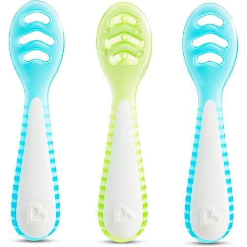 Munchkin® Gentle Dip™ Multistage First Spoon Set for Baby Led Weaning, Self Feeding, Solids & Purees, 3 Pack, Blue/Green