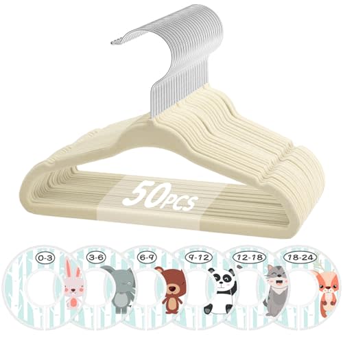 VIS'V Baby Hangers, 11 Inch Velvet Kids Hangers with 6 Pcs Clothes Size Dividers, Infant Toddler Nursery Closet Organization, Non Slip, Beige, 50 Pcs