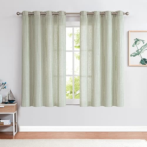 COLLACT Green Striped Linen Curtains 63 Inch Length for Living Room Farmhouse Pinstripe Pattern Curtains Light Filtering Drapes Grommet Top Window Treatments, W50 x L63, 2 Panels Sage Green on Beige