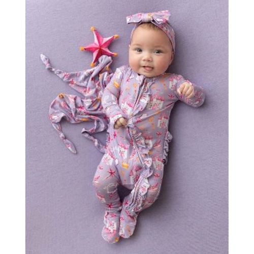 Lev Baby Infant Girls' Buttery Soft Princess Ruffled Double Zipper Footie Pajama Purple 0-3M