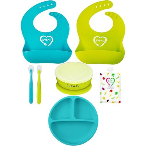 EVLA'S Baby Feeding Set, Baby Led Weaning Supplies, Adjustable Silicone Bibs, Divided Plate, Suction Bowl with Lid, Soft Spoons for Babies or Toddlers, Baby Registry must have!