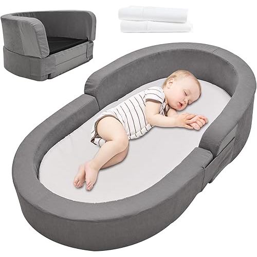 LILYPELLE Toddler Travel Bed, 2-in-1 Toddler Travel Beds Sofa Chair, Foldable Portable Toddler Bed Travel Cot with Sheet & Carry Bag, Folding Toddler Floor Bed, Gray