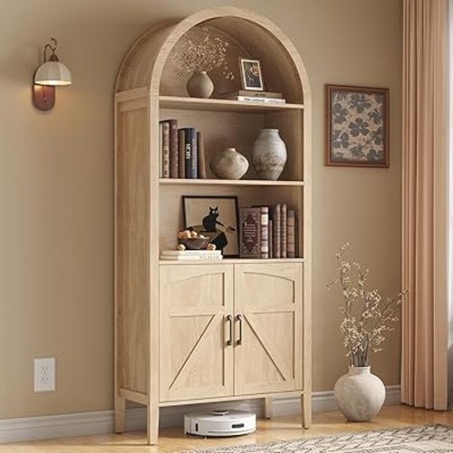 ONBRILL 71" Arched Display Bookshelf, 5-Tier Arched Bookcase W/Door, Oak
