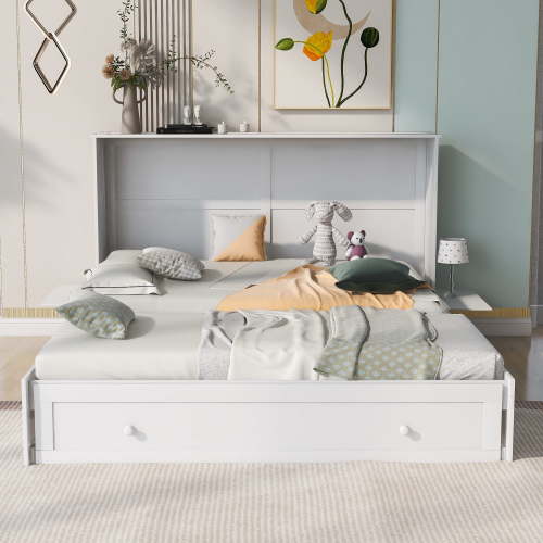 MODERNLUXE Wood Queen Size Murphy Bed, Storage Wall Bed with Drawers and Shelves, Convertible into A Cabinet, White