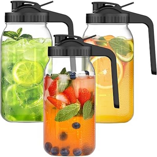 64oz Glass Mason Jar Pitchers with Lids and Handles, Set of 3 – Wide Mouth, Leakproof & Easy to Pour, Ideal for Cold Brew, Iced Tea, Lemonade (Black (3 Pack))