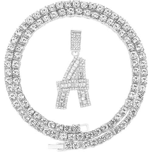 Bling Silver Gold Iced Out Baguette Initial Letter Necklaces for Men Women Big Cz Diamond Capital Letter Pendant A with Rope Tennis Chains (Silver A & Rope)
