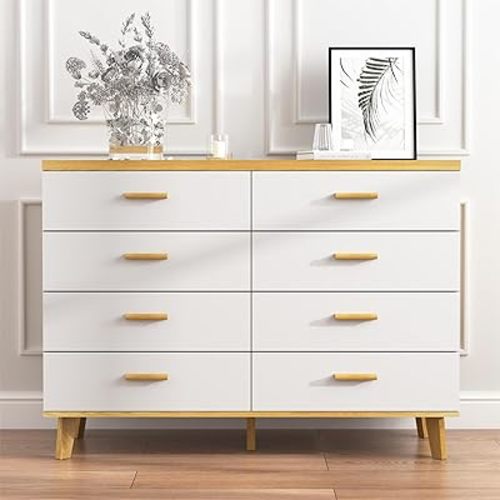 White Dresser for Bedroom,Modern Large 8 Drawer Dresser with Deep Drawer,Wood Dresser,Chest of Drawer,Bedroom Storage Dresser,TV Dresser for Living Room,Nursery,Kids Room