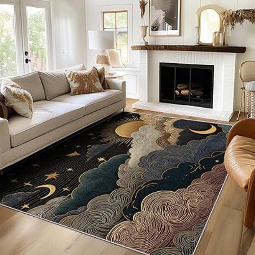 Celestial Rug 5x8 ft for Home Decor, Moon Sun Star Area Rugs for Living Room Bedroom, Modern Vintage Carpet Washable Non Slip A-JL
