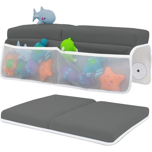 Comfortable Baby Bath Kneeler and Elbow Rest Pad Set – Thick Memory Foam Bath Kneeling Pad with Elbow Support – Baby Bathtub Cushion with Toy Organizer for Bathing Infant or Toddler - Dark Grey