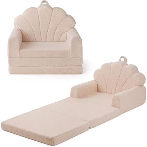 Blissful Diary Kids Couch, 2-in-1 Soft Toddler Couch Fold Out, Toddler Chair Comfy, Convertible Sofa to Lounger with Cute Shell Designs, Beige