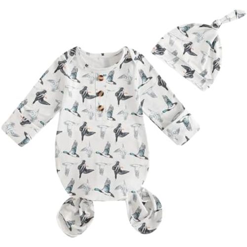 Newborn Infant Baby Boys Girls Knotted Gown with Hat Mallard Duck Hunter Sleeping Bag Swaddle Set Blanket