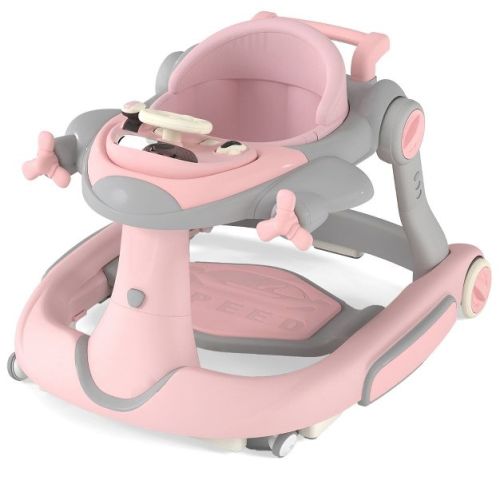 Kinder King 5-in-1 Baby Activity Walker, Convertible Push & Sit-in Walker with Adjustable Height, Foldable, Stable Design, Pink&Gray