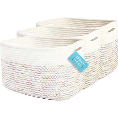 OrganiHaus Set of 3 Cute Rainbow Storage Basket for Toys & Cloths, Cotton Rope Bins for Storage, Shoe Basket Organizers & Storage, Decorative Storage Baskets & Bins, Woven Baskets for Storage