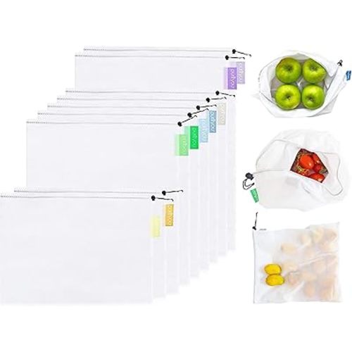 purifyou Reusable Produce Bags, Heavy Duty Double Stitched Washable Mesh Grocery Bag with Drawstring, Ideal for Farmers Market, Beach, and Refrigerator Storage, Set of 9 (XL, Large, Small)