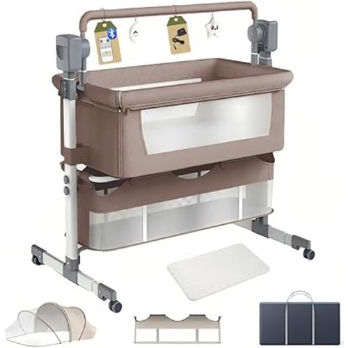 Electric Bluetooth Smart Bassinet for Co-Sleeping, Convertible and Portable Baby Bedside Crib, Foldable Newborn Bedside Bed, Toddler Cradle with Mattress and Remote Control（601 Khaki