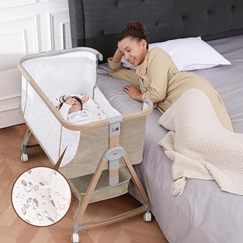 Baby Bassinet, Basinet Bedside Sleeper with Waterproof Bassinet Sheets and Soft Mattress, Safe Adjustable Height Bedside Bassinets with Wheels, Girl/Boy Bassinets, Khaki