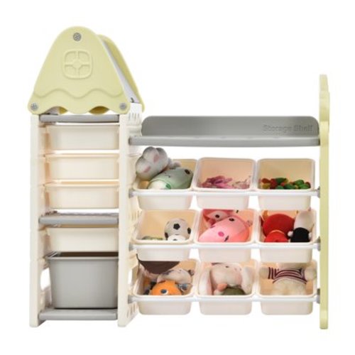 PORKISS Kids Bookshelf, HDPE Toy Storage Organizer with 14 Bins, Multi-Functional Bookshelf for Kids for Living Room, Bedroom, Nursery, Playroom, Light Green