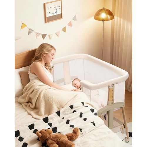 3 in 1 Baby Bassinet with Wheels, Bedside Bassinet Sleeper for Newborn, Portable Baby Crib with 7 Adjustable Height & Large Storage Basket & Full-Mesh, Easy Folding Baby Bed for Infant (Beige)