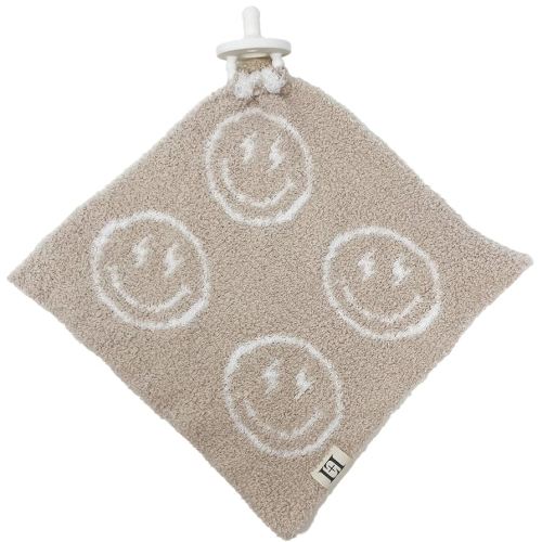 Smiley Face Lightning Bolt Baby Lovey Pacifier Holder 10"x10" - Cuddly Soft Knitted Reversible Mini Comfort Security Blanket - Newborn Gift Essential for Babies Boys and Girls (Tan/White)