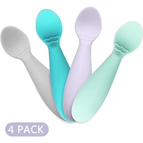 PandaEar Baby Infant Spoons BPA Free, 4-Pack, Soft Silicone, Self Feeding Fat Handle Utensil