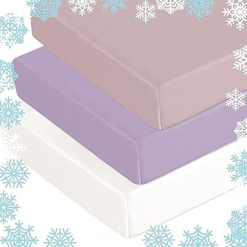 AMROSE 3 Pack Jersey Knit Cooling Crib Sheets, 28'' X 52'' Summer Fitted Crib Sheets for Baby Girls Boys, Soft Breathable Skin-Friendly, Pink Lilac Cream