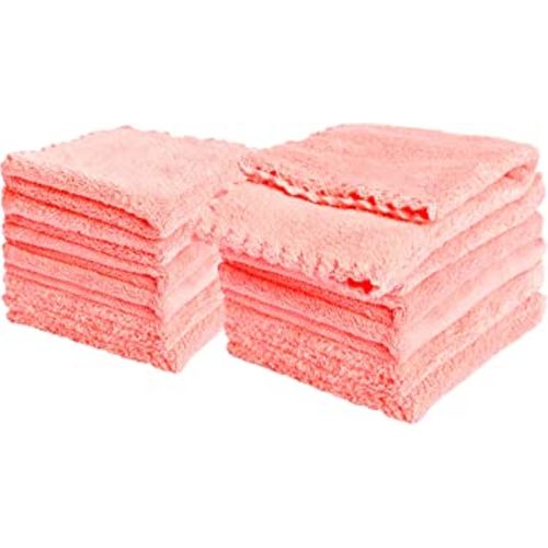 Kyapoo Baby Washcloths 12 Pack 12x12 Inches Microfiber Coral Fleece Extra Absorbent and Soft for Newborns, Infants and Toddlers-Pink