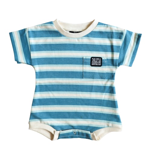 Little Surfer Dude Navy Blue Stripe Bubble Romper