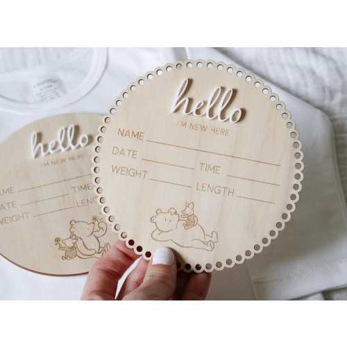Bear baby name stats, Acrylic wood Birth Announcement, Photo Prop Hospital Newborn Hello world, birth stat sign pooh baby shower decoration