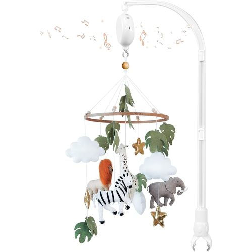 Musical Jungle Baby Crib Mobile for Boys & Girls - Wild Animals Nursery Mobiles - Safari Nursery Room Decor - Bassinet Mobile with Extension Arm Holder, 1.0 Count