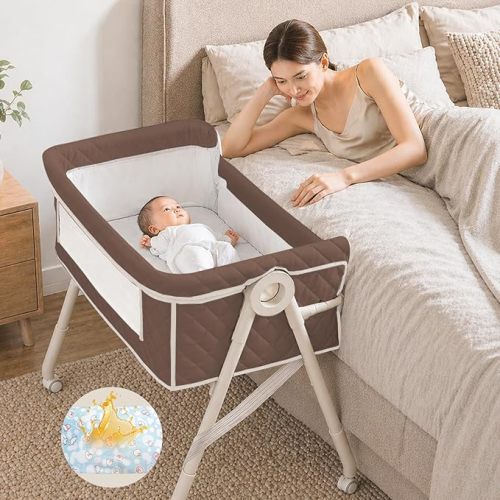 Baby Bassinet, Bassinet Bedside Sleeper for Baby, 3 in 1 Bedside Bassinet, Bassinets for Newborn with Wheels, Mattress, Waterproof Sheet, Mosquito Net, Breathable Mesh, Portable Baby Crib(Latte)