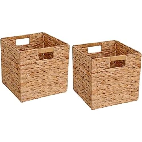 Wicker Storage Basket Foldable Hyacinth Storage Box Set of 2, 12x12x12 Inch - Handmade Woven Basket for Closet,Shelf Organization & Decor