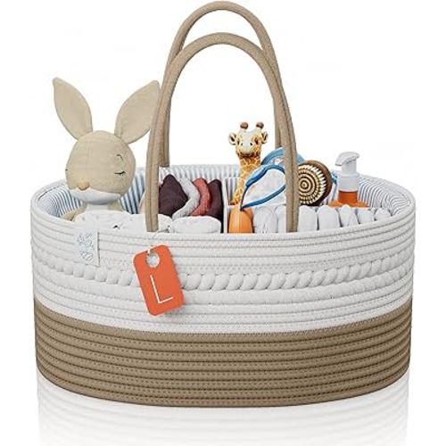 KiddyCare Woven Diaper Caddy Organizer, Large Gray Multi Functional Portable Baby Basket with Handle, Baby Gift for Boy/Girl Nursery Storage, Organization, and Modern Car Diaper Caddy Natural Large